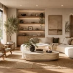 Organic Modern living room with a curved cream sofa, travertine coffee table, oak shelving, linen curtains, olive tree, and warm natural light.