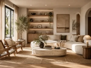 Organic Modern living room with a curved cream sofa, travertine coffee table, oak shelving, linen curtains, olive tree, and warm natural light.