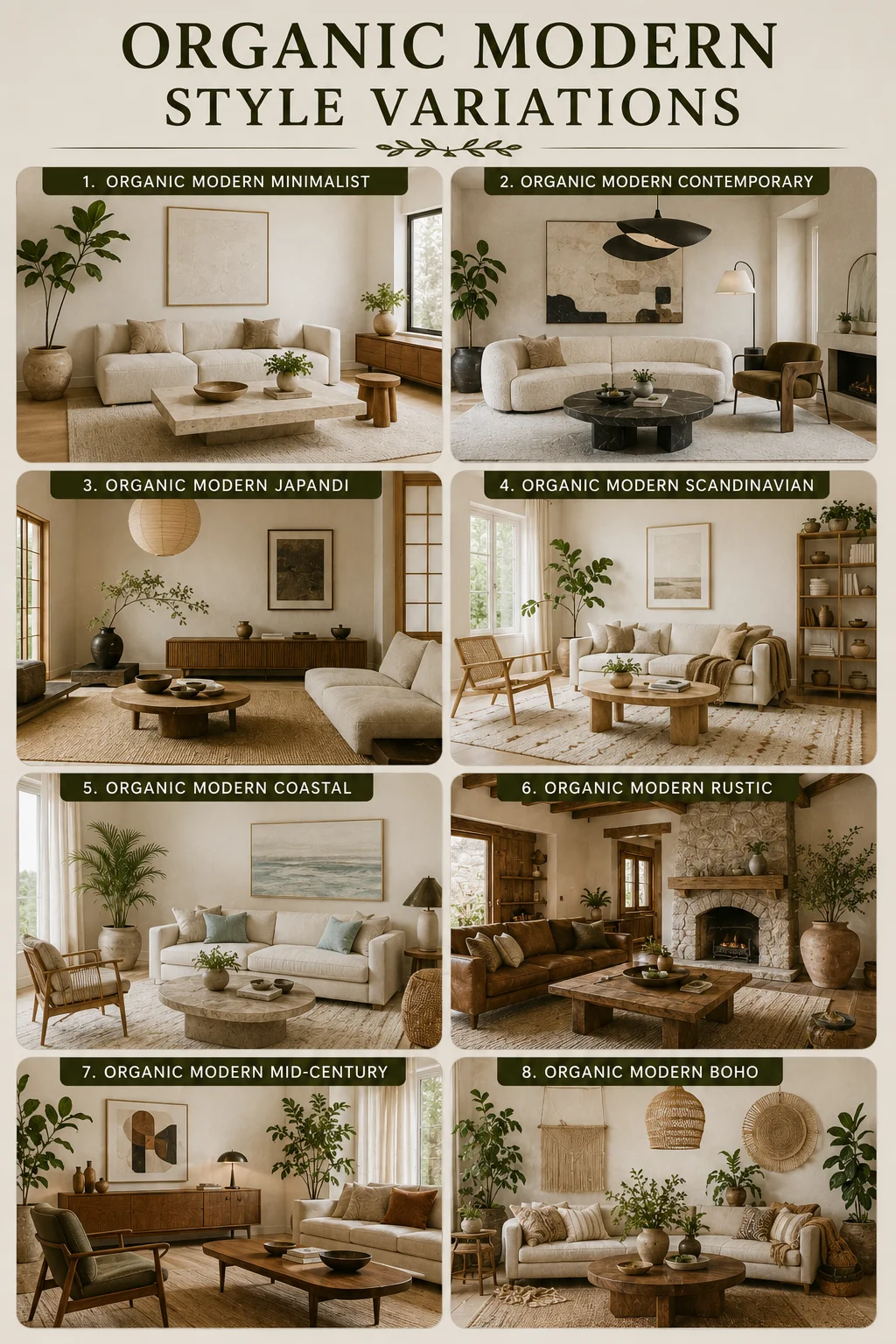 Organic Modern living room style variations including Minimalist, Contemporary, Japandi, Scandinavian, Coastal, Rustic, Mid-Century and Boho interiors