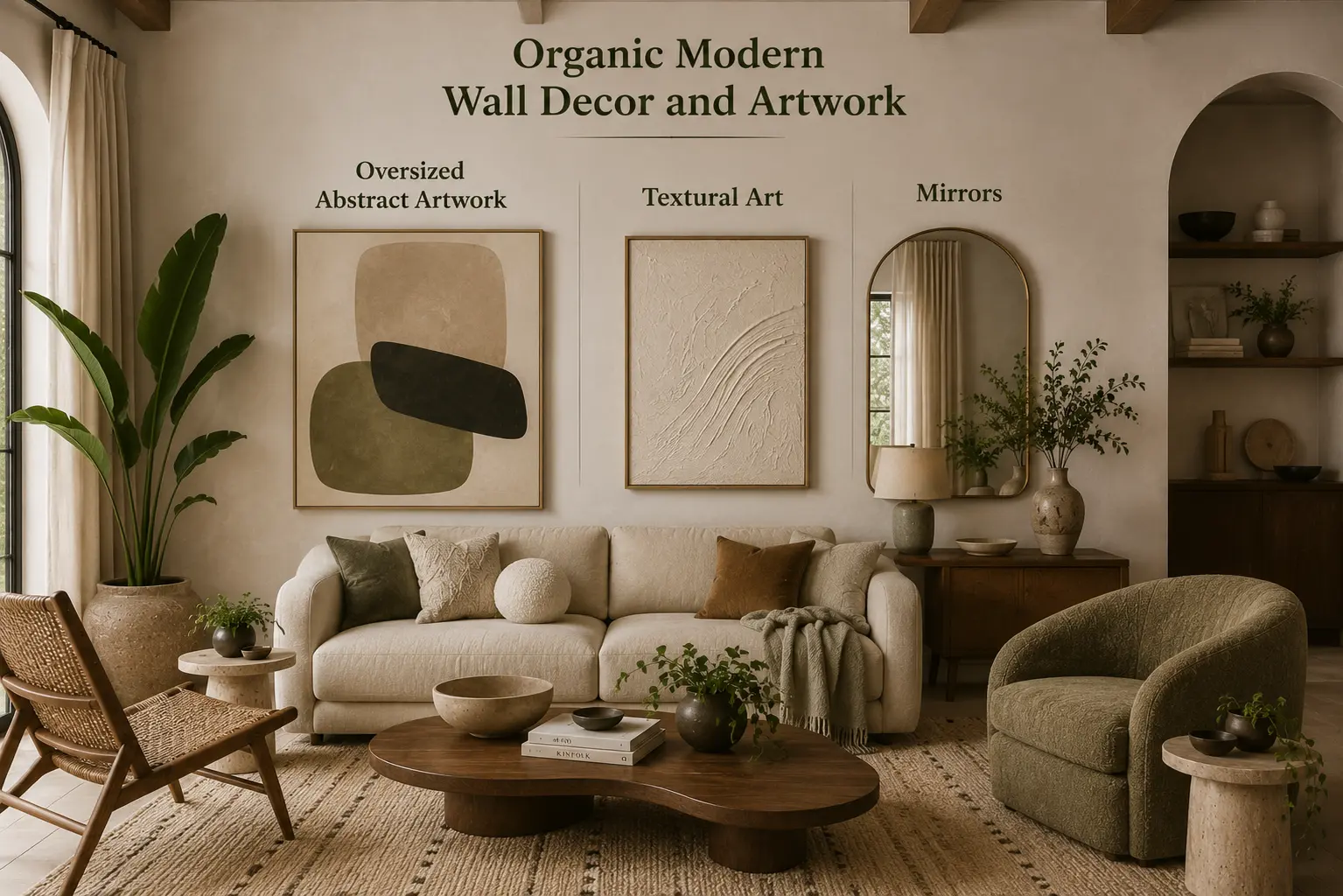 Organic Modern living room wall decor with oversized abstract artwork, textural art and an arched mirror