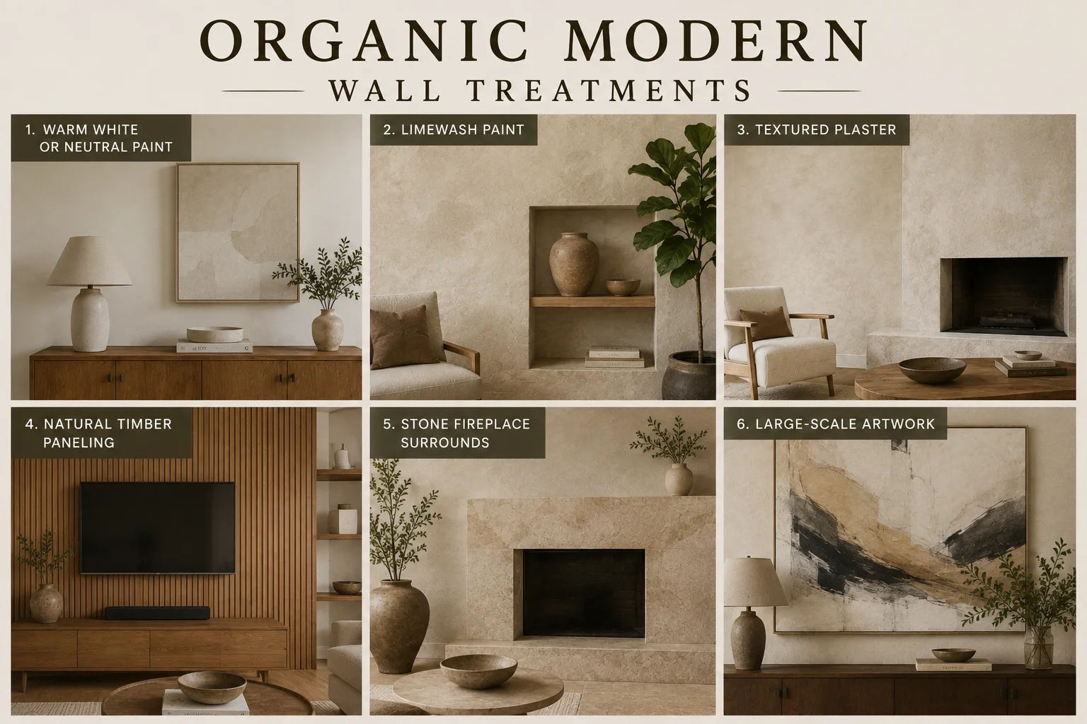 Organic Modern wall treatments featuring warm neutral paint, limewash, textured plaster, timber paneling, stone fireplace surrounds and large-scale artwork.