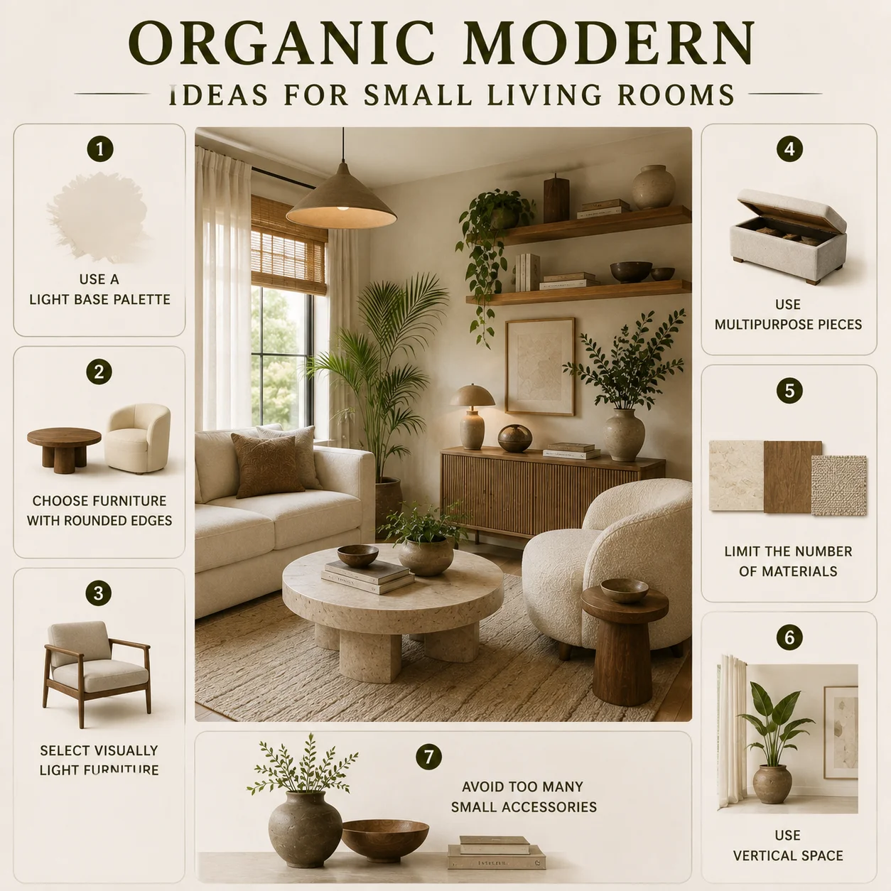 Organic Modern small living room ideas featuring a light neutral palette, rounded furniture, multipurpose pieces, natural materials and space-saving decor.
