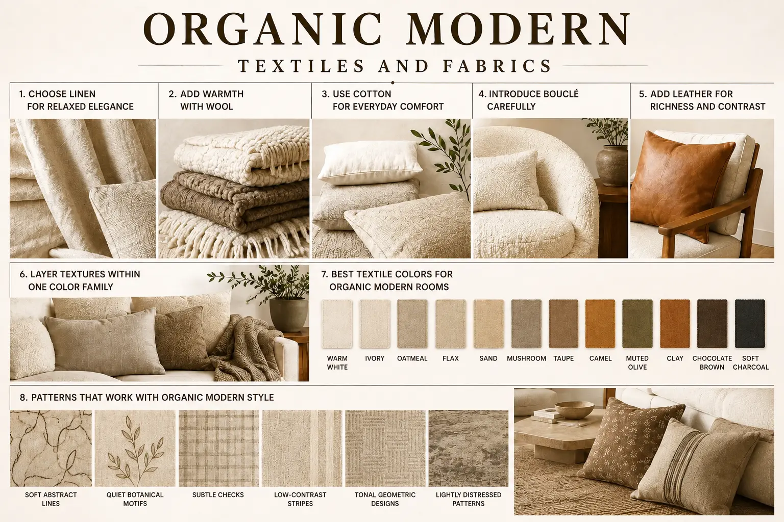 Organic Modern textiles and fabrics guide featuring linen, wool, cotton, bouclé, leather, warm neutral colors, layered textures and subtle patterns.