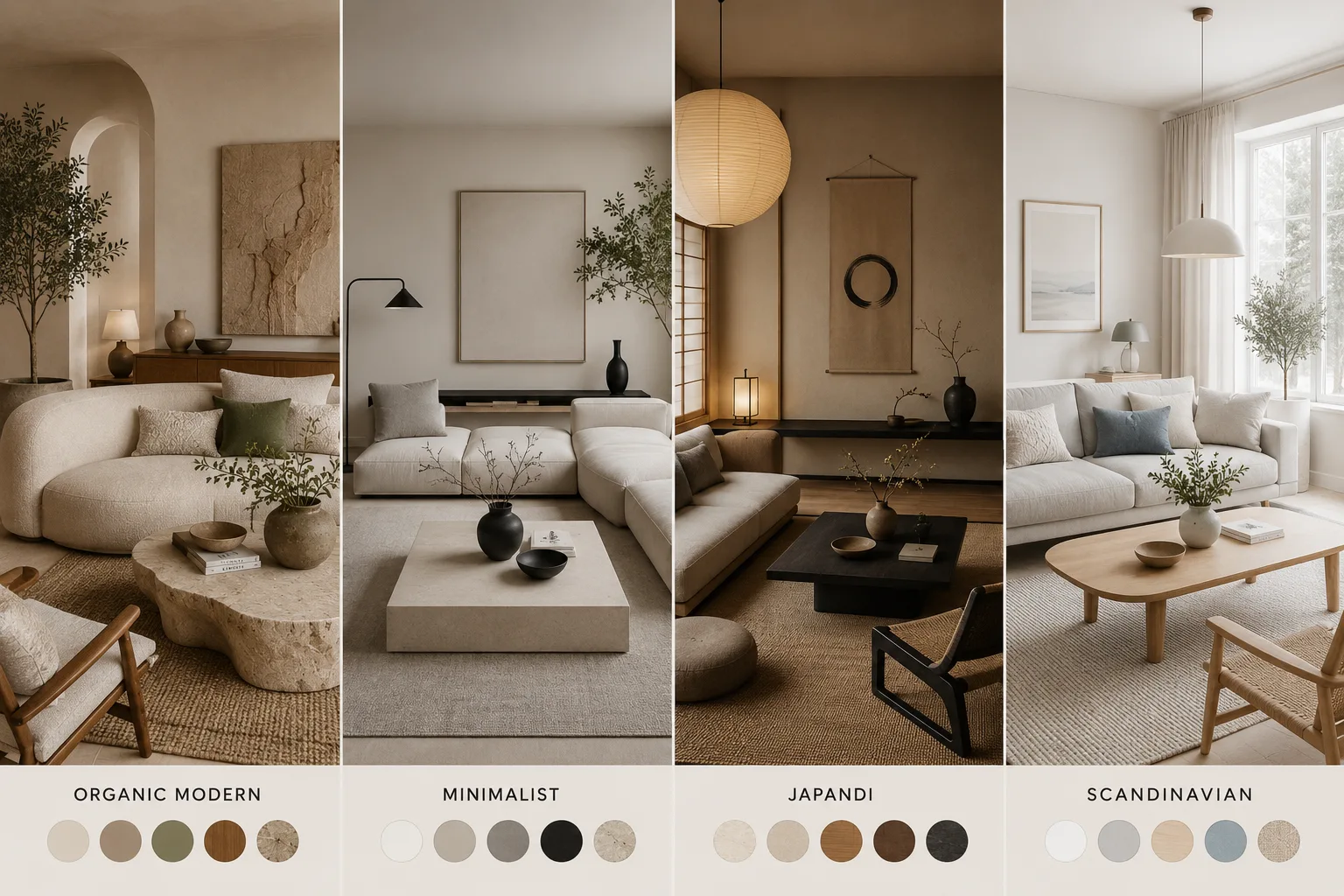 Organic Modern vs Minimalist, Japandi and Scandinavian living rooms showing differences in furniture, natural materials, color palettes and decor.