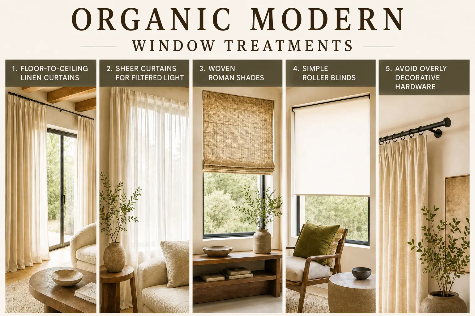Organic Modern window treatments featuring floor-to-ceiling linen curtains, sheer curtains, woven Roman shades, roller blinds and minimalist curtain hardware.