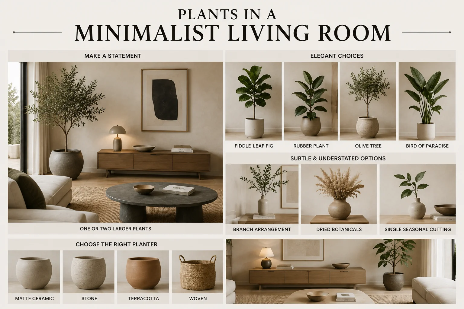Plants in a minimalist living room infographic showing fiddle-leaf fig, rubber plant, olive tree, bird of paradise, branch arrangements and planter options.