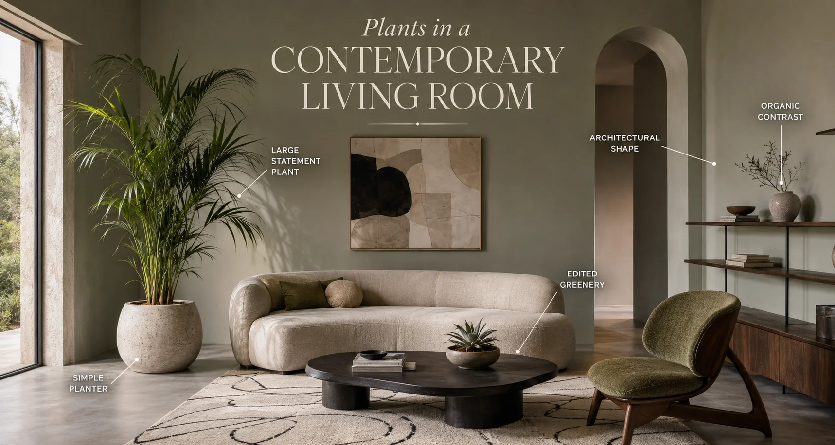 Contemporary living room with a large statement plant, simple planter, sculptural furniture and edited greenery