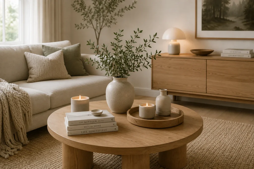 Bright Scandinavian living room with a round oak coffee table styled with a handmade ceramic vase, wooden tray, candles, stacked design books, greenery, cream linen sofa and warm Nordic minimalist décor.