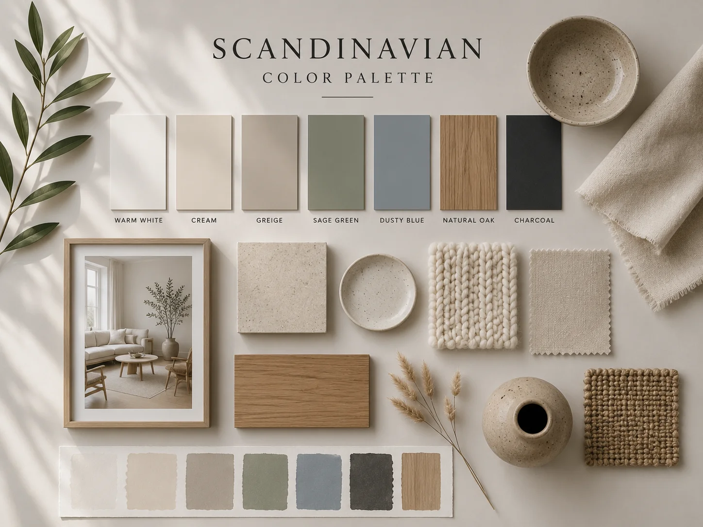 Bright Scandinavian color palette mood board featuring warm white, cream, greige, sage green, dusty blue, natural oak, charcoal, linen textures, wool, handcrafted ceramics and minimalist Nordic interior design inspiration.