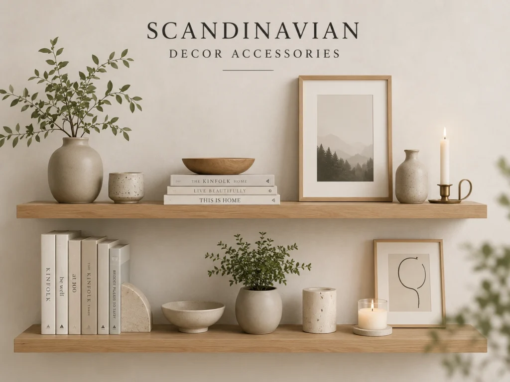 Bright Scandinavian shelf styling with oak floating shelves, handcrafted ceramic vases, framed minimalist artwork, design books, indoor plants, candles and generous negative space in a warm Nordic living room.