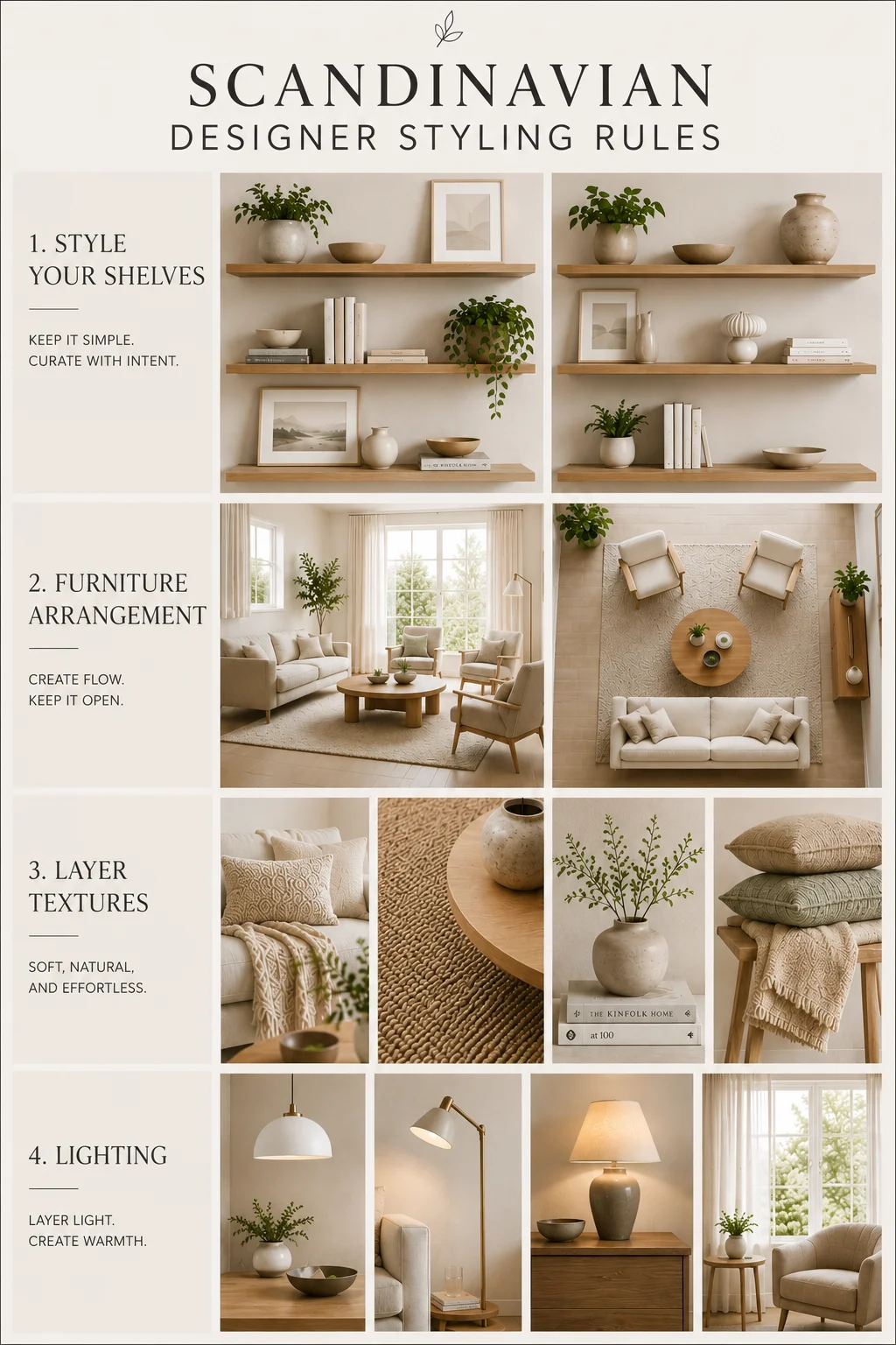 Scandinavian designer styling rules infographic showing shelf styling, furniture arrangement, texture layering and lighting ideas with minimalist Nordic interior design examples.