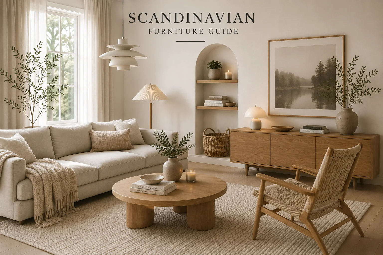 Bright Scandinavian living room featuring a cream linen sofa, round oak coffee table, Nordic lounge chair, oak media console, layered lighting, handcrafted ceramics and warm minimalist interior styling.