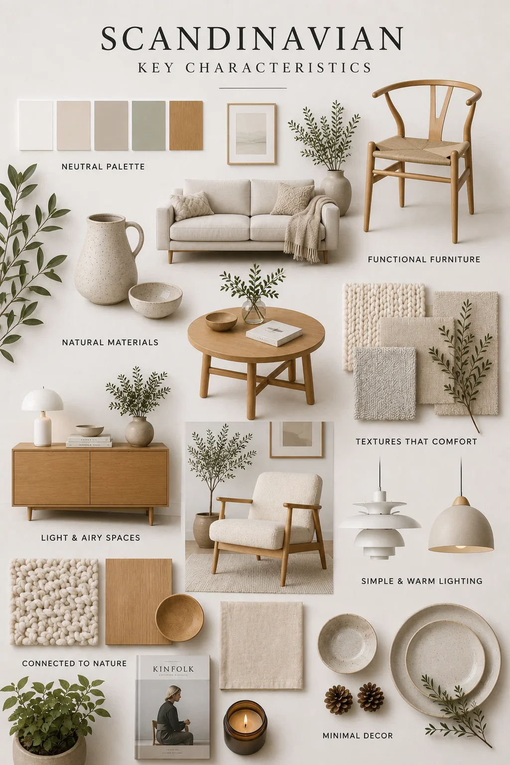 Scandinavian key characteristics mood board featuring a neutral color palette, Scandinavian furniture, light oak wood, wool and linen textiles, handmade ceramics, indoor plants, minimalist lighting, and Nordic design materials.