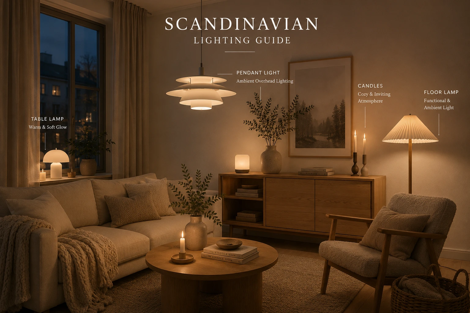 Scandinavian Lighting Guide showing a cozy Nordic living room with a cream linen sofa, oak furniture, pendant light, table lamp, floor lamp, candles and layered ambient lighting creating a warm hygge atmosphere.