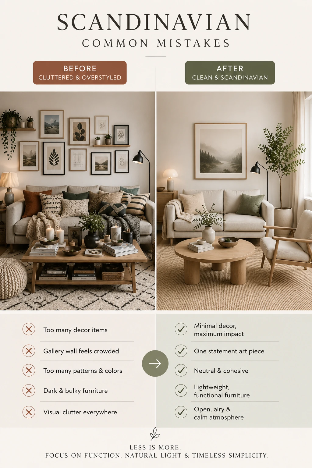 Before and after comparison of a Scandinavian living room showing common decorating mistakes versus clean Nordic styling with neutral colors, light oak furniture, natural light, minimalist décor and functional furniture placement.