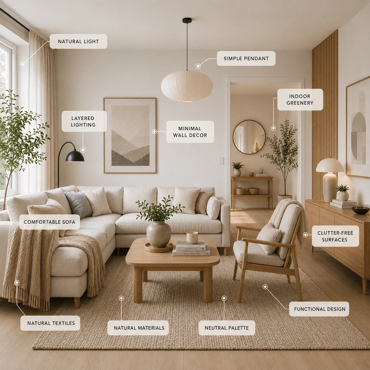 Bright Scandinavian living room with labeled design elements including natural light, linen sofa, layered lighting, oak furniture, neutral palette, indoor greenery, natural textiles and minimalist Nordic décor.