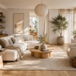 Bright Scandinavian living room with warm white walls, cream linen sofa, round light oak coffee table, textured wool rug, bouclé accent chair, olive tree, woven baskets and cozy Nordic styling.