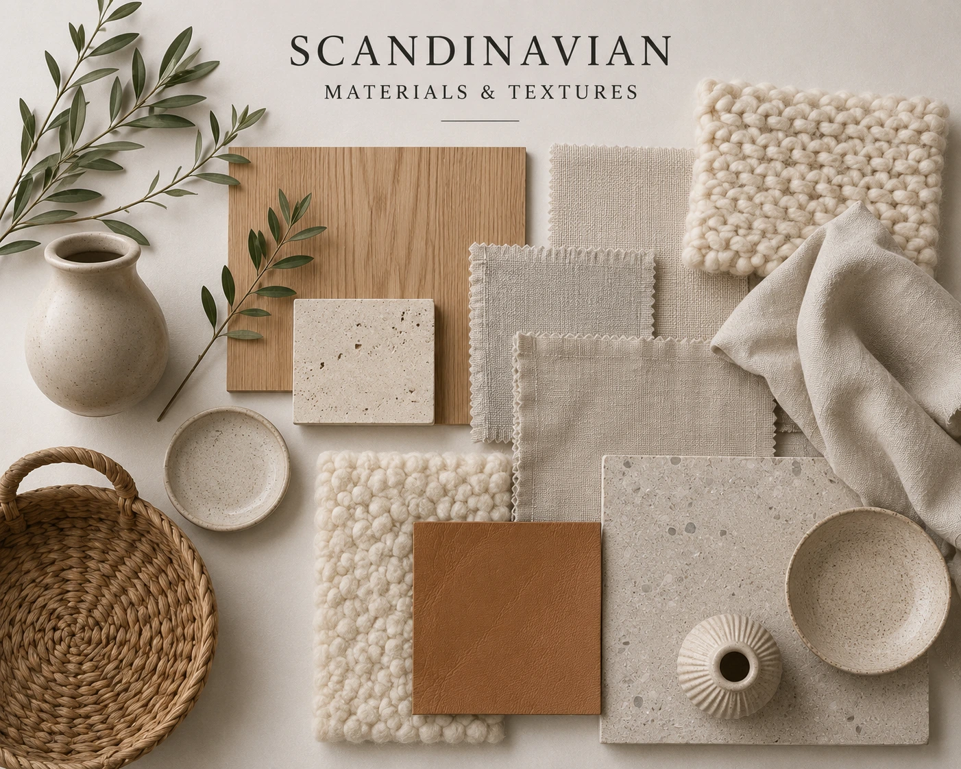 Scandinavian materials and textures mood board featuring light oak wood, wool knit, linen fabric, cognac leather, handmade ceramics, woven basket, natural stone samples and olive branches arranged in an editorial flat lay.