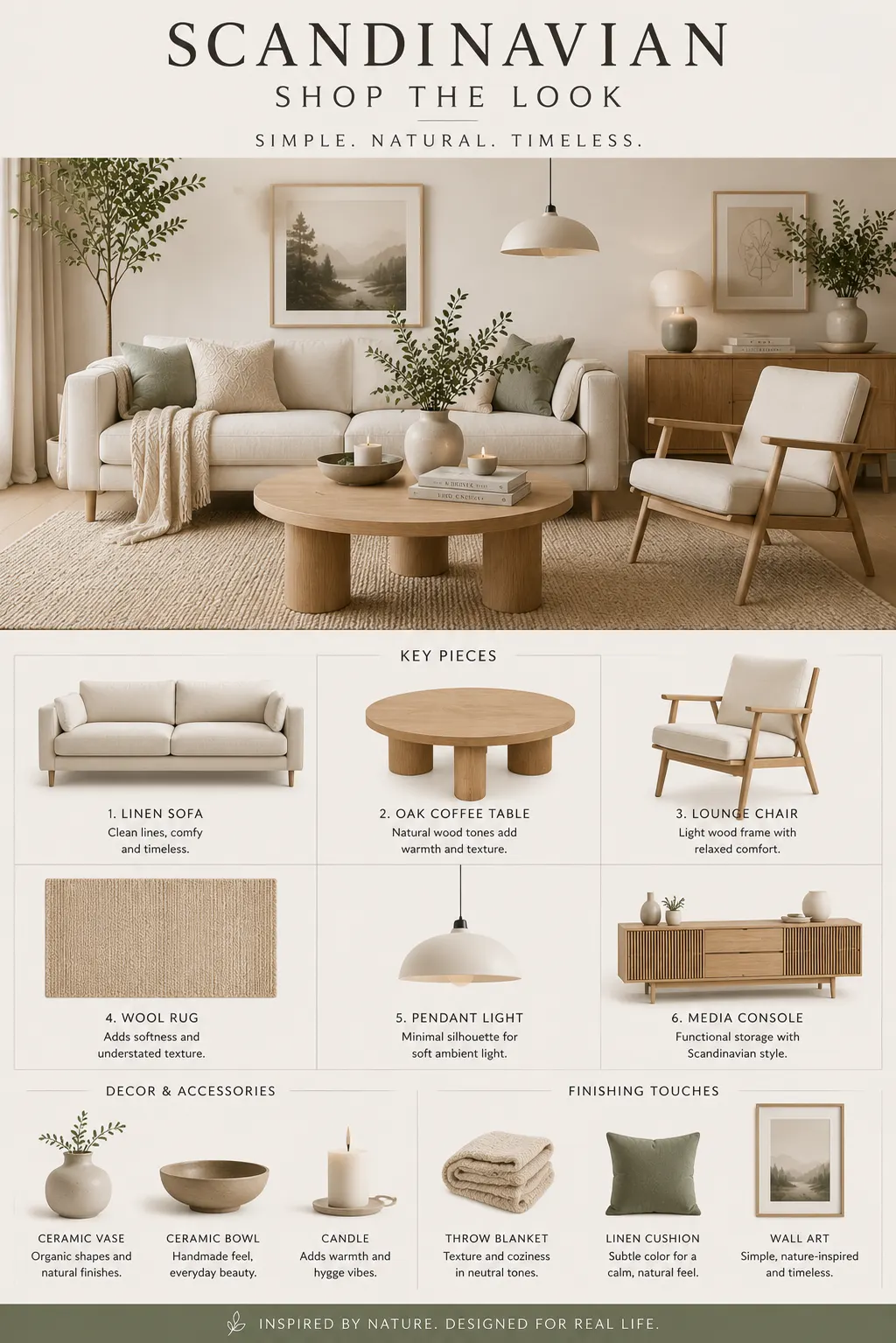 Scandinavian living room shop the look with linen sofa, oak coffee table, lounge chair, wool rug, pendant light and natural decor