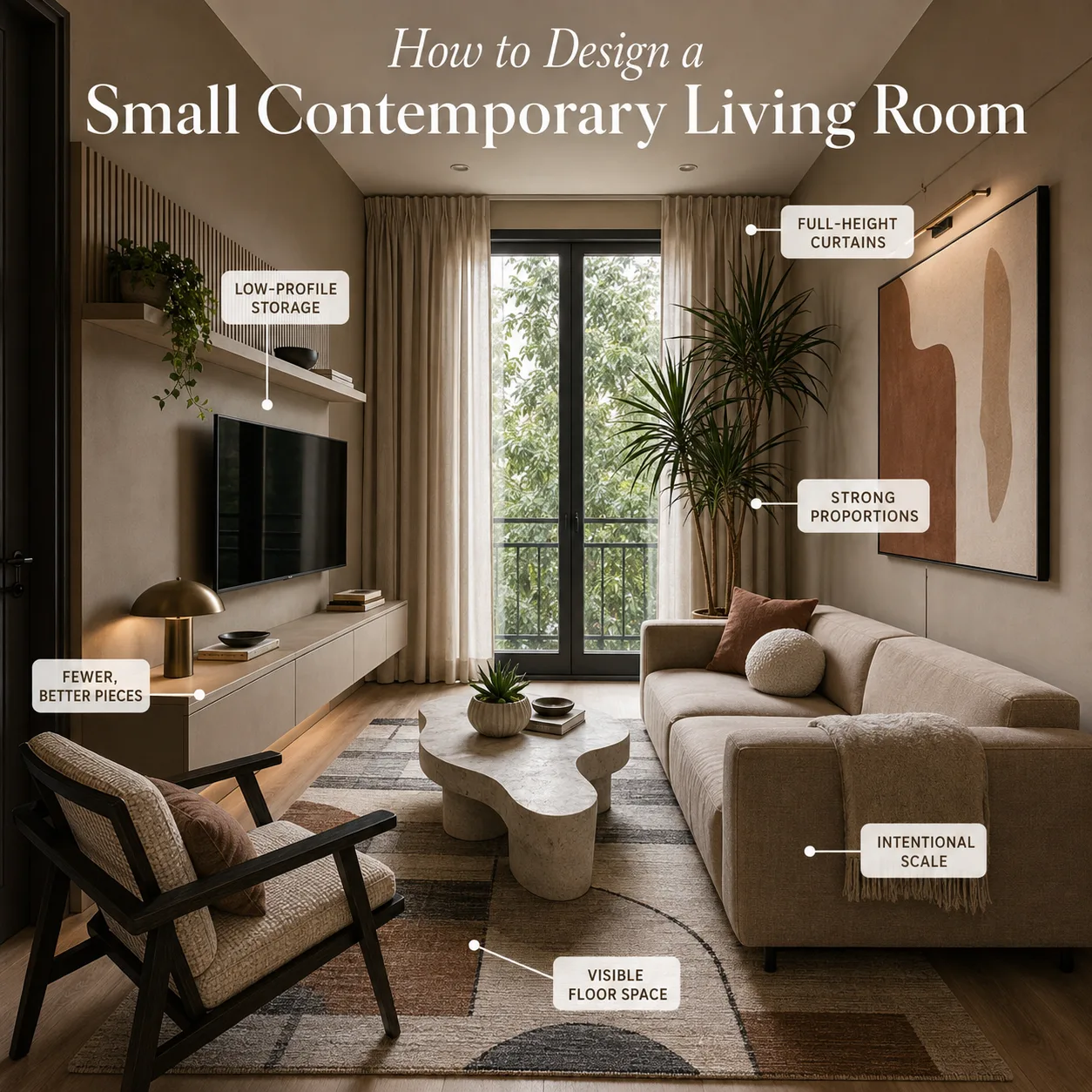 Small contemporary living room design with low-profile storage, full-height curtains, intentional furniture scale and visible floor space