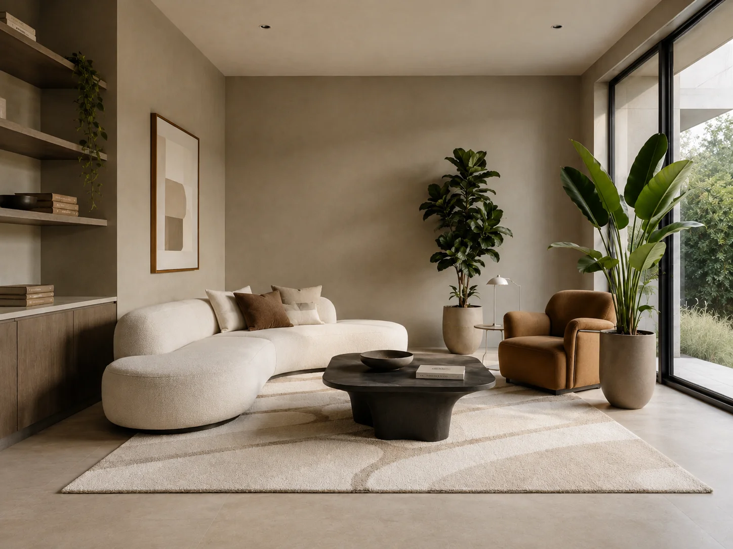 Warm minimalist living room with curved ivory sofa, brown accent chair, sculptural coffee table, neutral rug and large indoor plants.