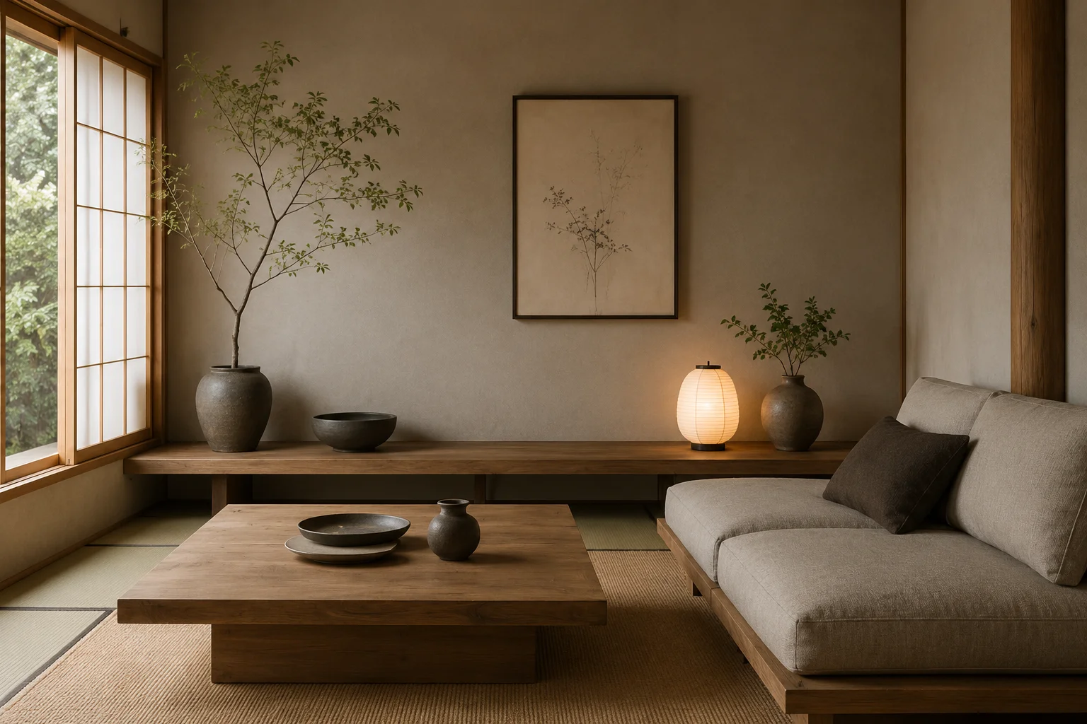 Japandi living room interior with low-profile furniture, warm wood, natural textiles, handmade ceramics and minimalist decor