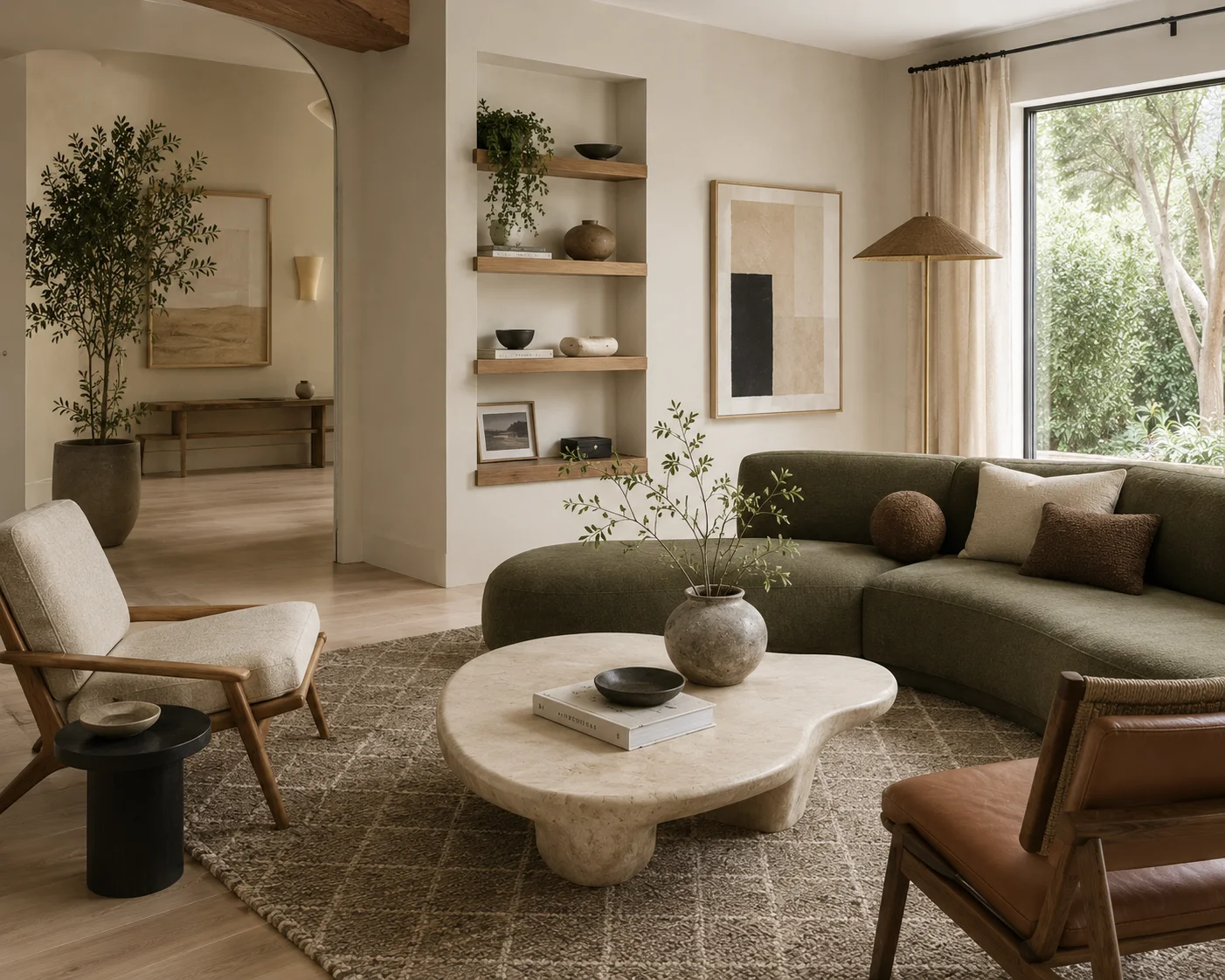 Organic Modern living room with taupe linen sofa, oak coffee table, woven chair, natural textures and warm neutral decor