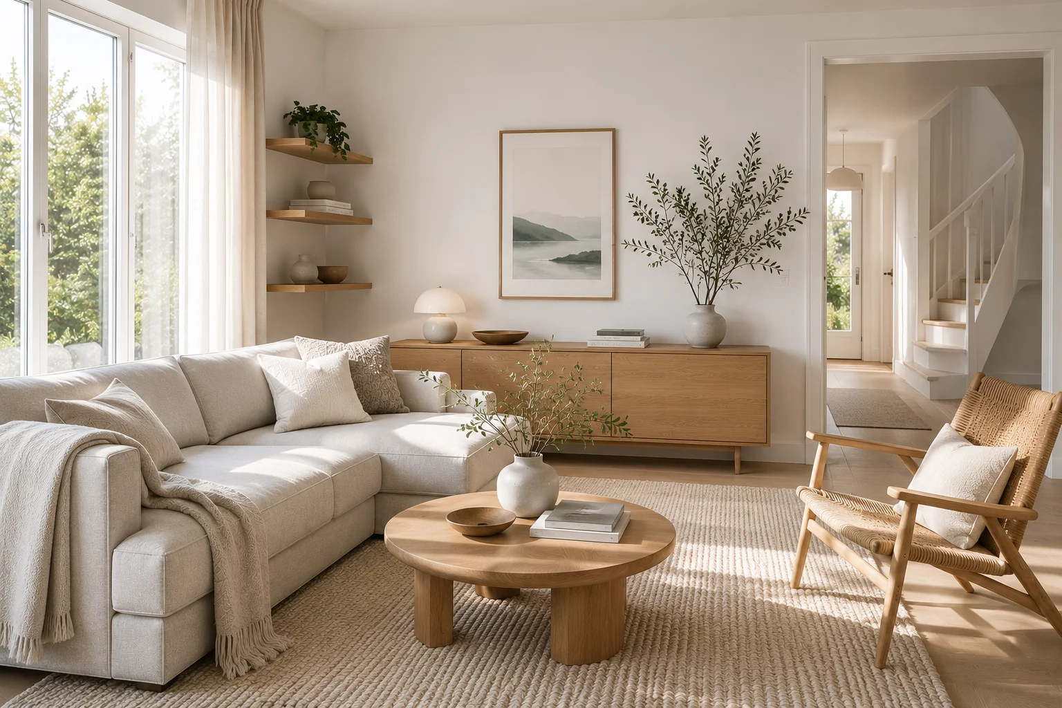 Bright Scandinavian living room with warm white walls, cream linen sofa, round light oak coffee table, textured wool rug, handcrafted ceramics, olive tree, natural daylight and minimalist Nordic interior design.