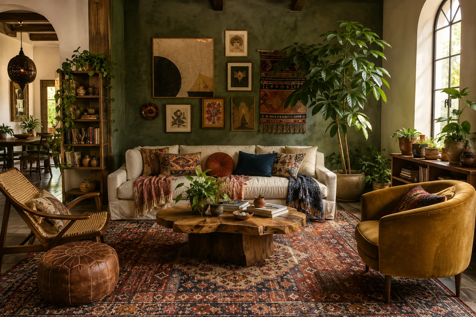 Bohemian living room with layered textiles, vintage furniture, patterned rug, gallery wall, natural wood and Schefflera plant