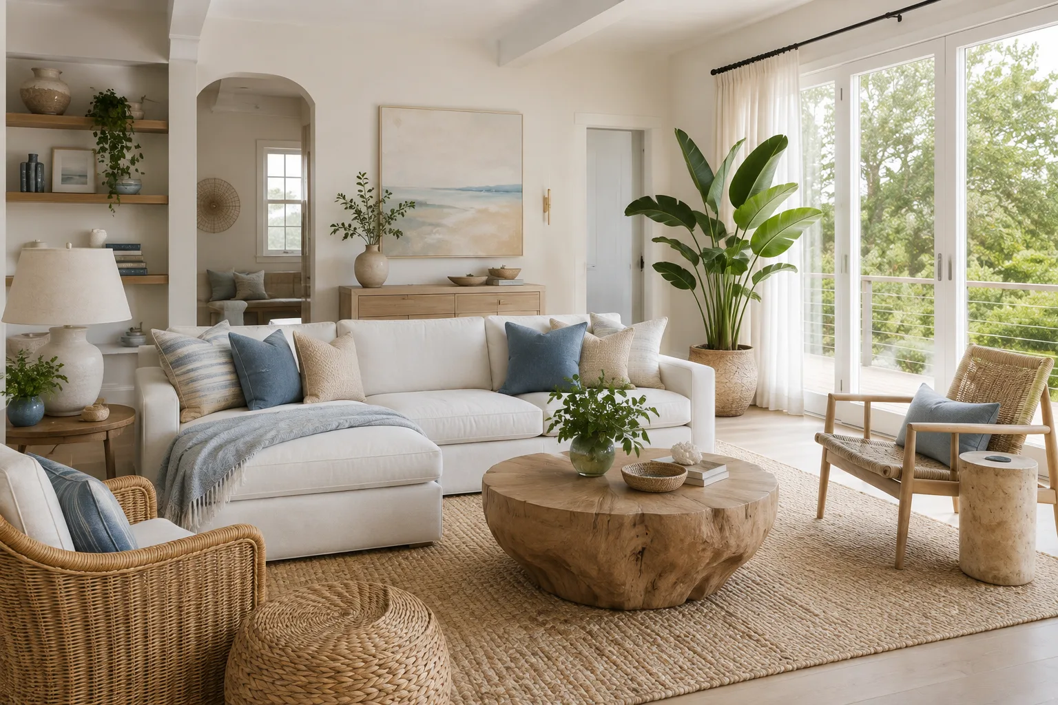 Coastal living room with white sectional sofa, pale wood furniture, woven textures, soft blue accents and Bird of Paradise plant