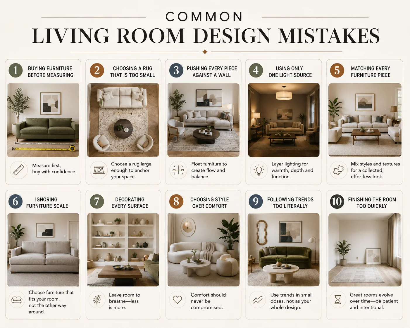 Common living room design mistakes infographic showing incorrect rug size, furniture scale, wall placement, lighting, matching furniture and overdecorating