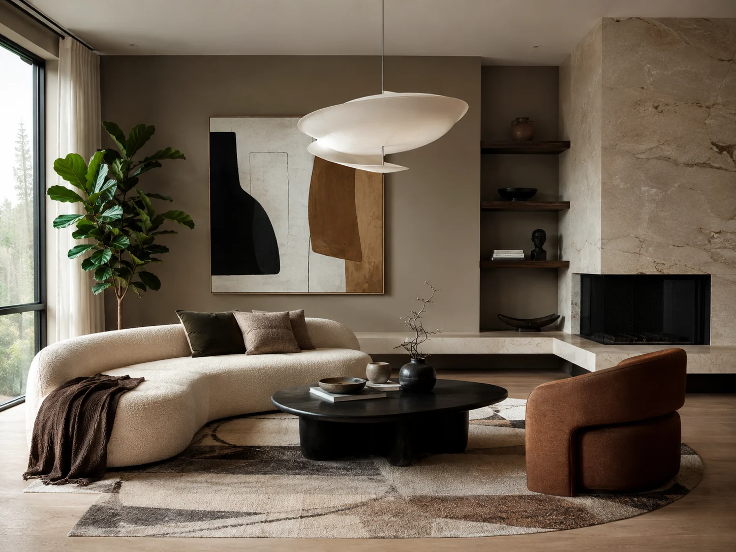 Contemporary living room with curved sofa, sculptural lighting, natural stone fireplace, statement artwork and fiddle-leaf fig