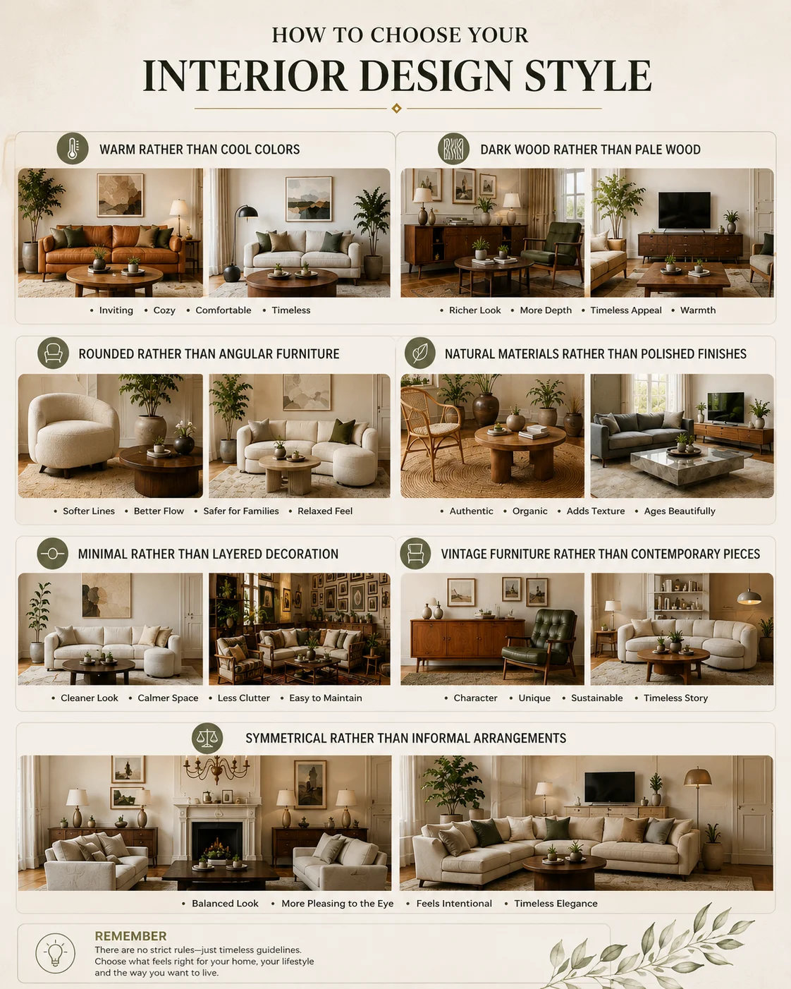 Interior design style infographic comparing warm and cool colors, furniture shapes, décor levels, wood tones, materials, layouts and vintage furniture