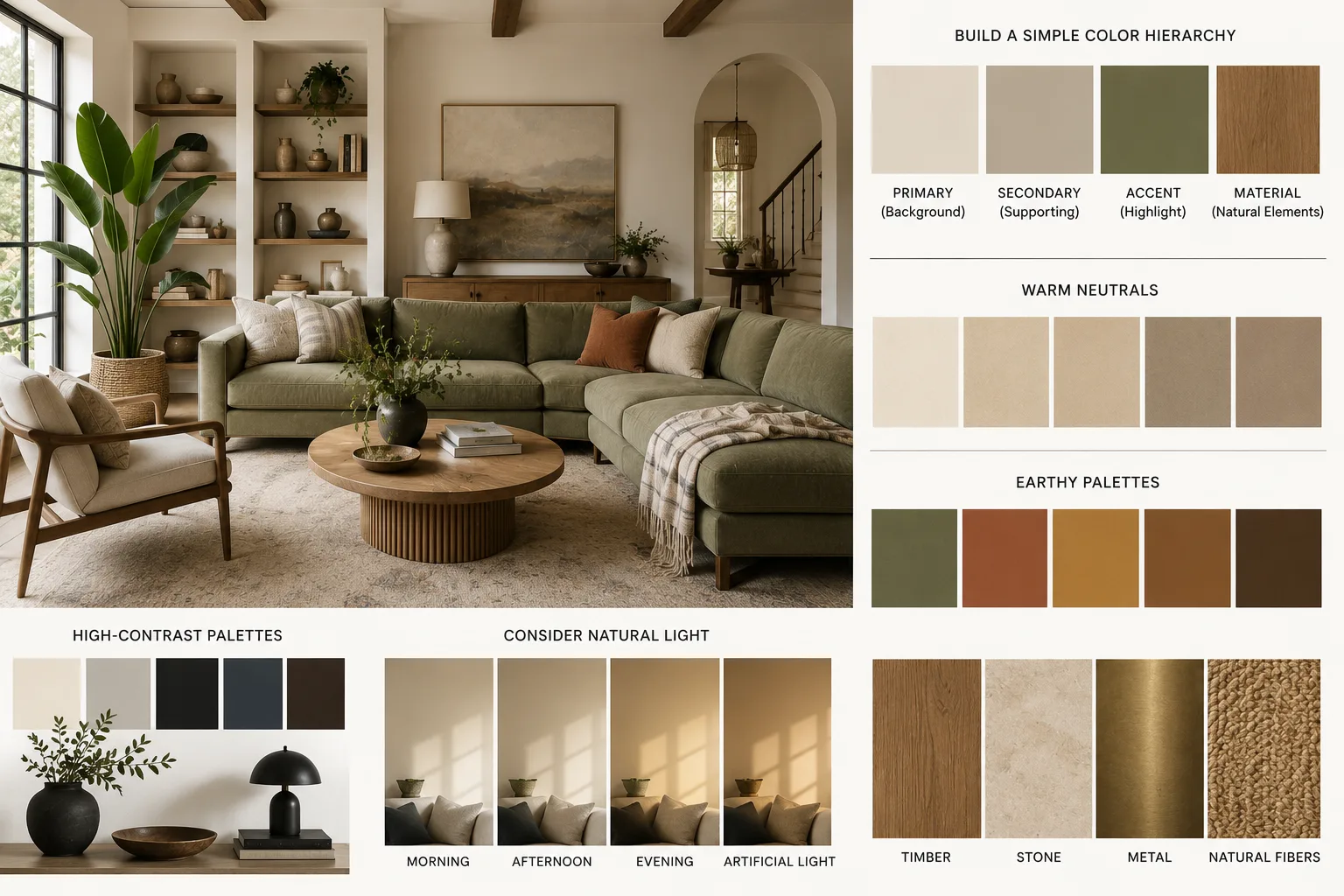 Living room color palette guide showing primary, secondary and accent colors, warm neutrals, earthy tones, high-contrast shades and natural material finishes