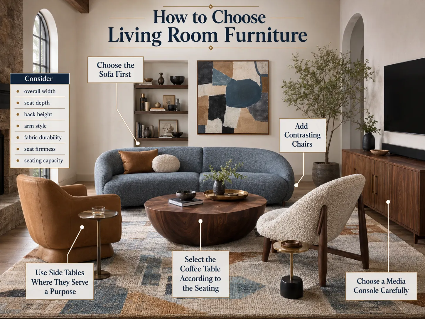 Living room furniture guide showing sofa selection, contrasting chairs, coffee table proportions, side tables and media console placement