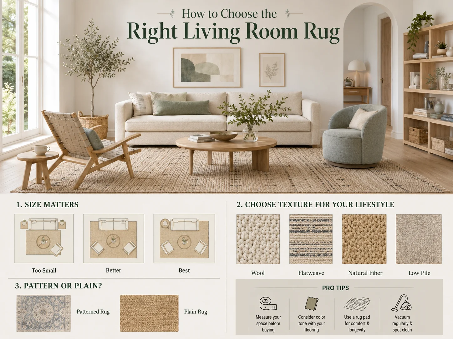 Living room rug guide showing correct rug size, front legs and all legs placement, wool, flatweave and natural fiber textures, and pattern versus plain options