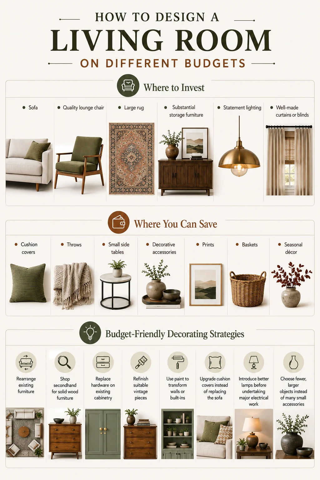 Living room budget guide showing where to invest, where to save and budget-friendly decorating strategies