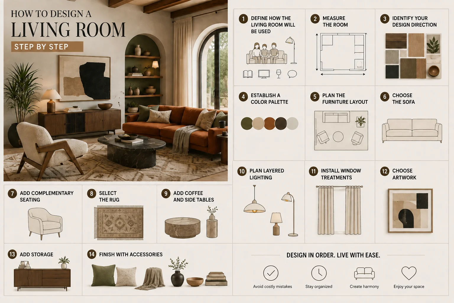 Step-by-step living room design infographic showing layout planning, color palette, sofa, seating, rug, tables, lighting, curtains, artwork, storage and accessories