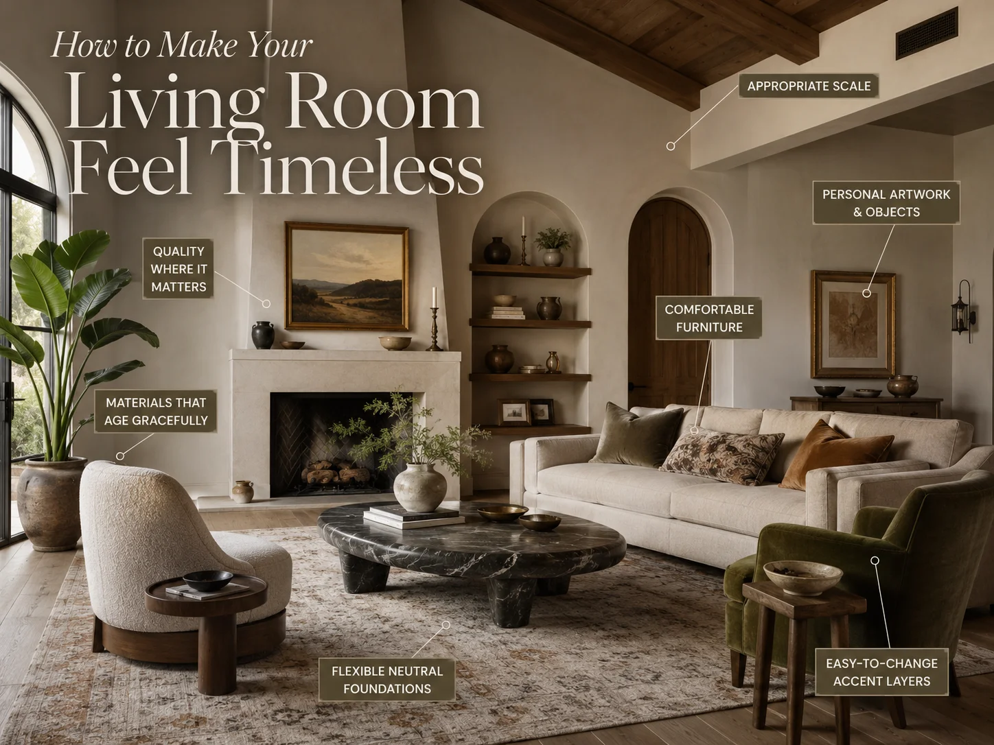 Timeless living room design with comfortable furniture, neutral foundation, natural materials, personal artwork, balanced scale and layered accents