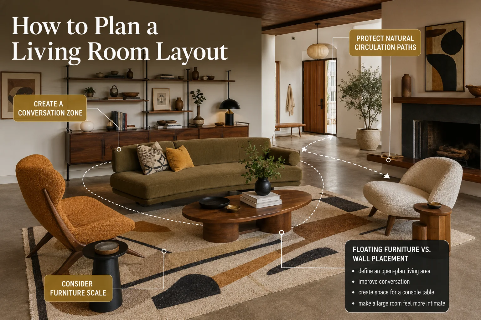 Mid-century modern living room layout showing conversation zone, furniture scale, circulation paths and floating furniture placement