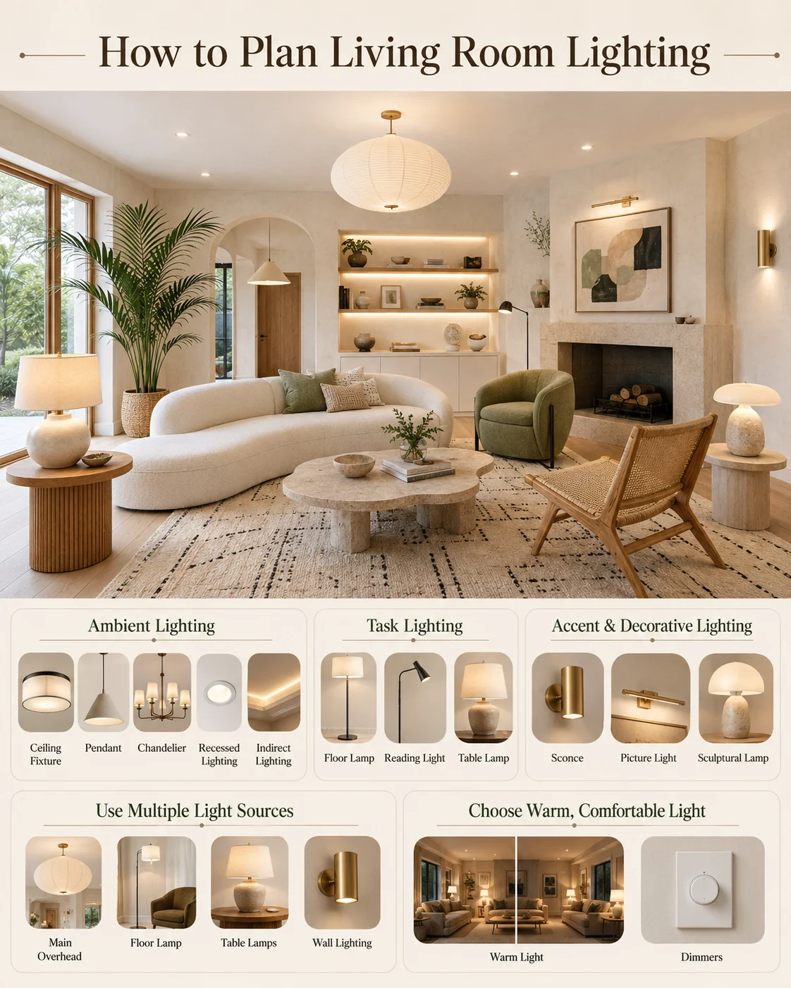 Living room lighting guide showing ambient, task, accent and decorative lighting with layered light sources and warm dimmable lighting