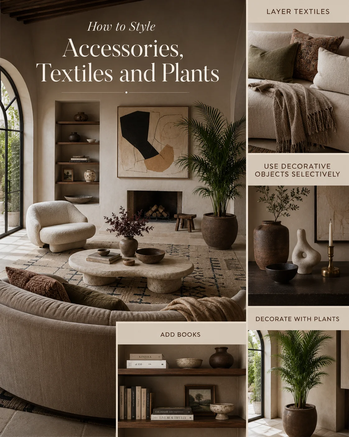 Step-by-step living room design infographic showing layout planning, color palette, sofa, seating, rug, tables, lighting, curtains, artwork, storage and accessories