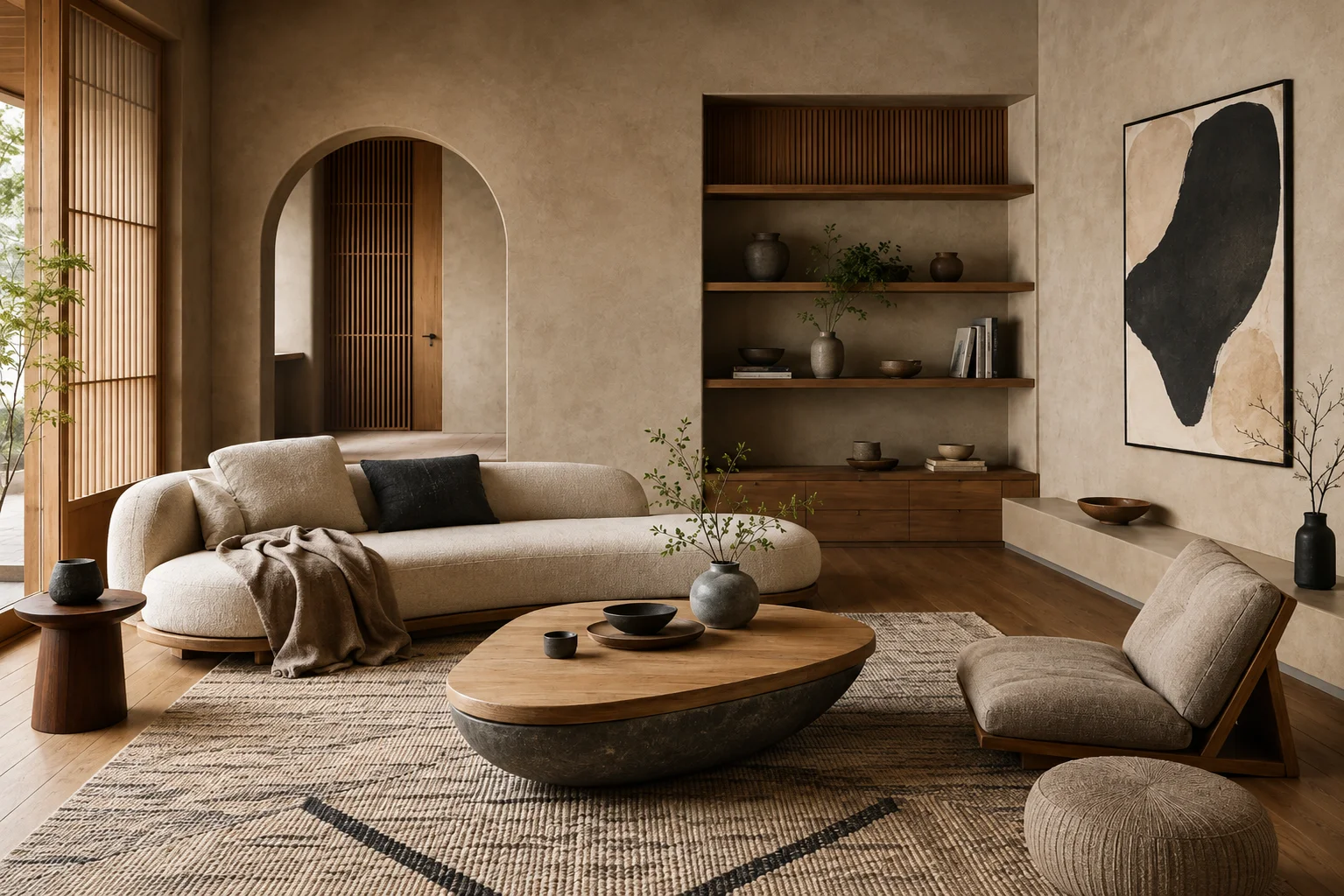 Japandi living room with low-profile furniture, warm wood, natural textures, handmade ceramics and minimalist decor