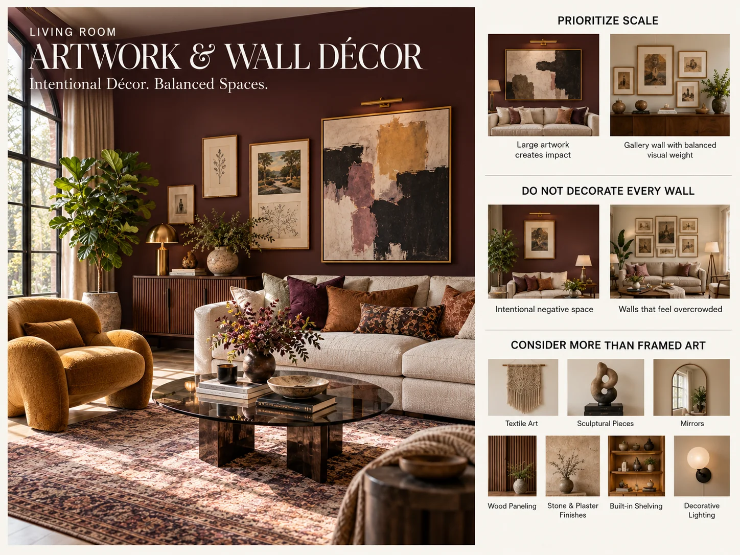 Living room artwork and wall decor guide showing oversized art, balanced gallery walls, negative space, textile art, sculptural decor, mirrors, wood paneling, built-in shelving and decorative lighting