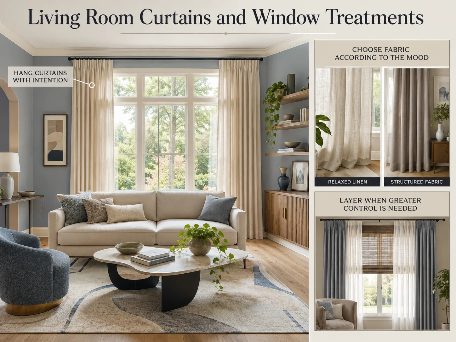Living room curtains and window treatments guide showing high curtain placement, linen and structured fabrics, and layered sheer curtains with blinds