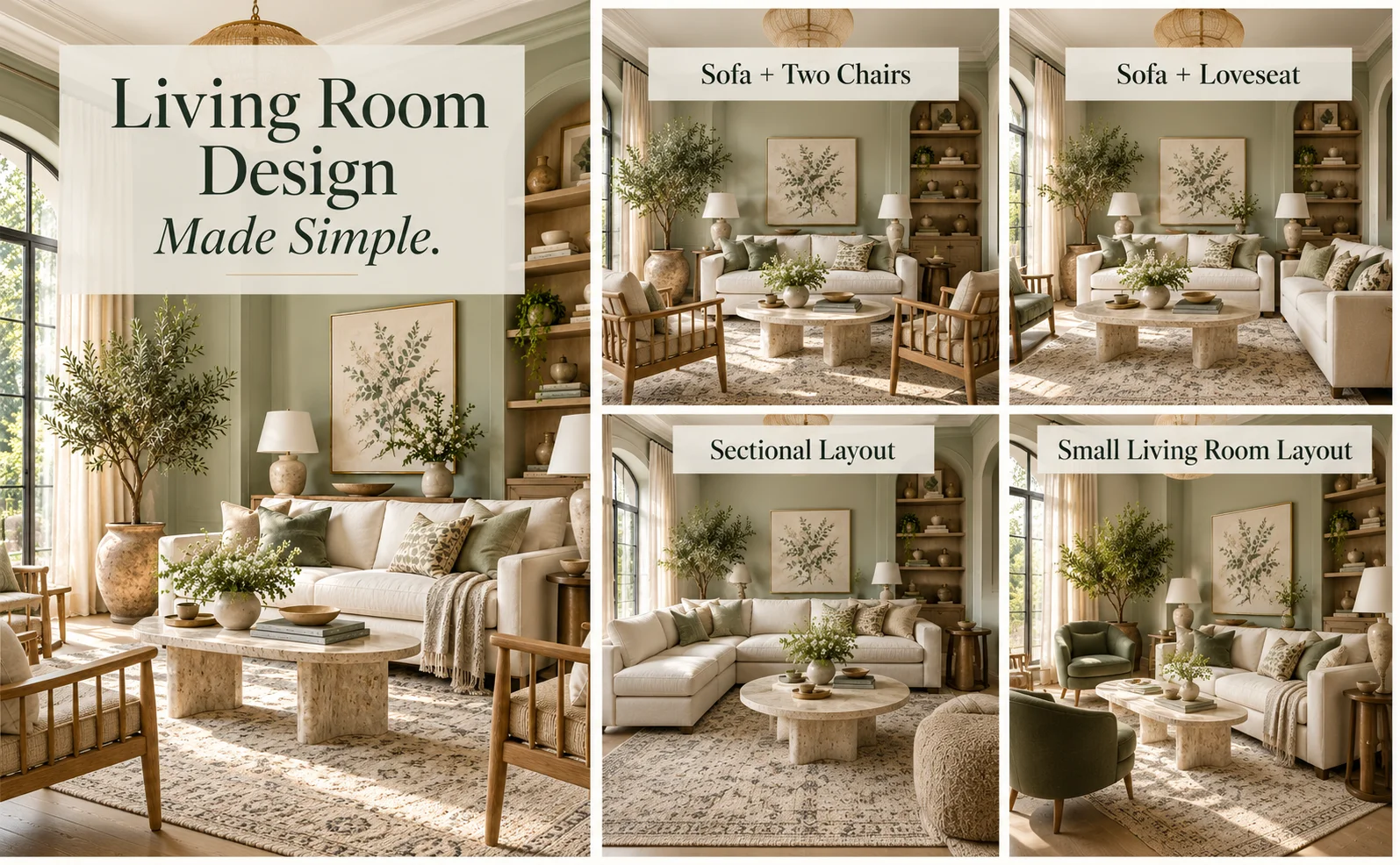 Living room layout guide showing sofa with two chairs, sofa with loveseat, sectional seating and small living room layout in a bright sage and cream interior