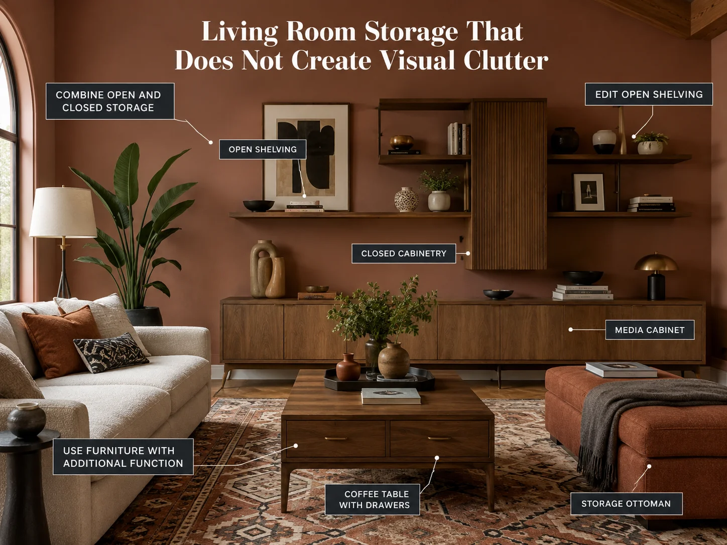 Living room storage guide showing open shelving, closed cabinetry, media cabinet, storage ottoman and coffee table with drawers
