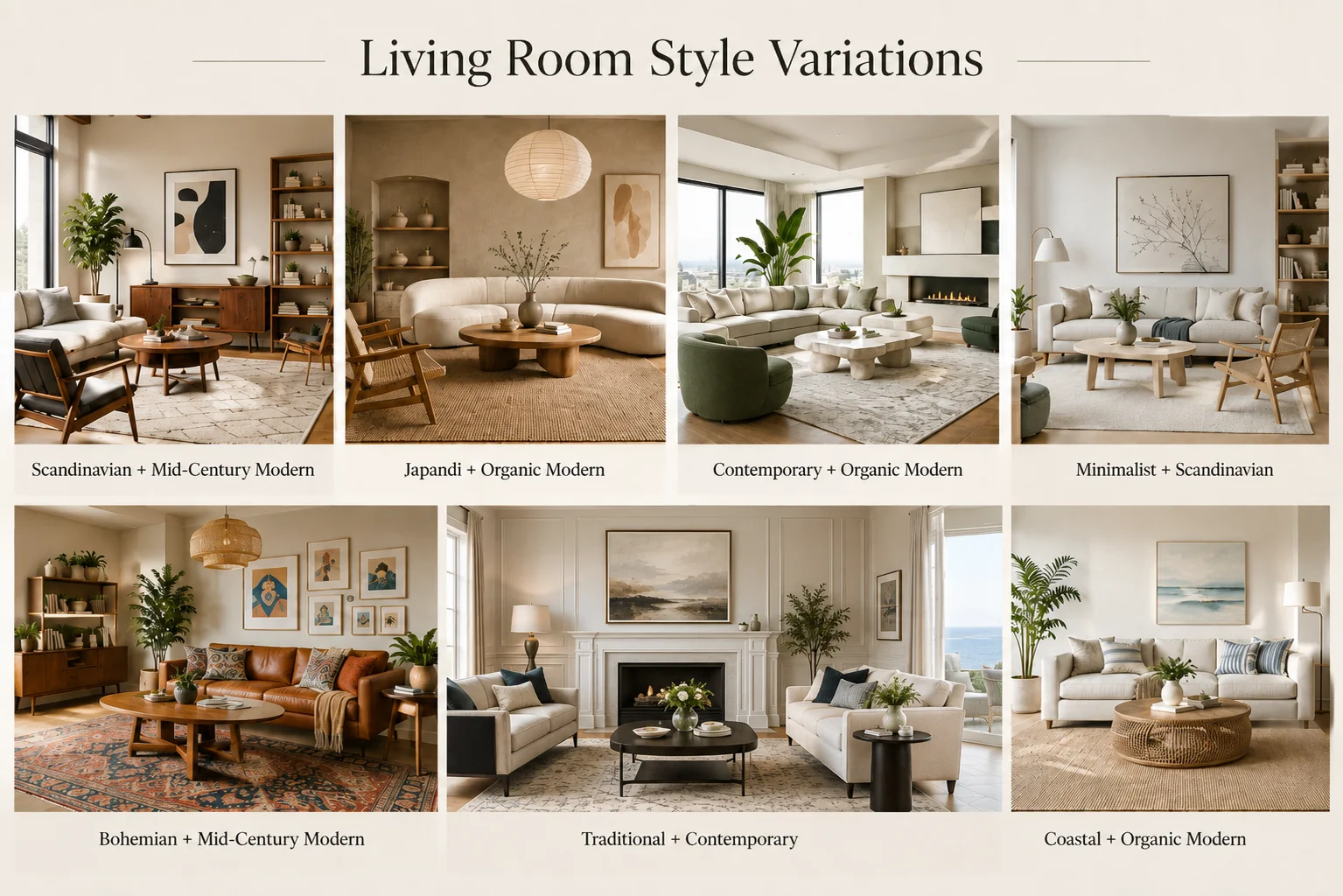 Living room style variations infographic showing Scandinavian Mid-Century Modern, Japandi Organic Modern, Contemporary Organic Modern, Minimalist Scandinavian, Bohemian Mid-Century Modern, Traditional Contemporary and Coastal Organic Modern interiors