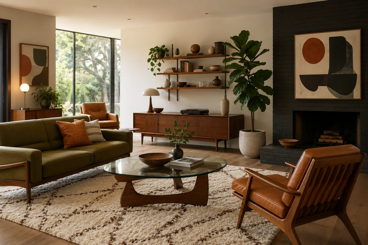 Mid-Century Modern living room with walnut furniture, olive sofa, leather lounge chairs, glass coffee table and fiddle-leaf fig