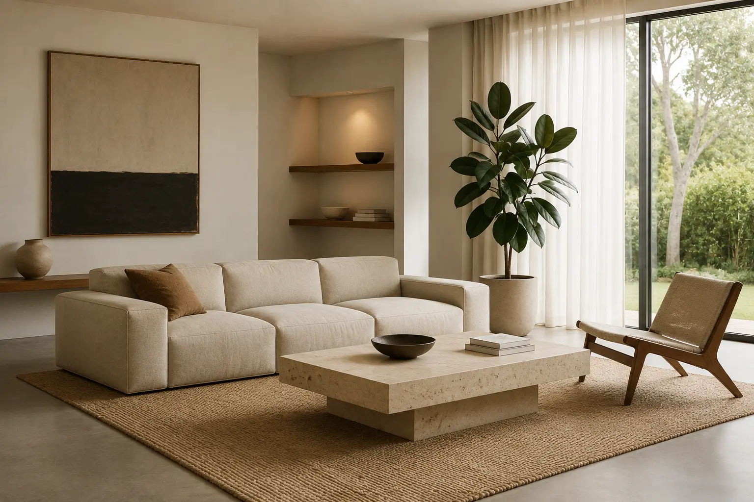 Minimalist living room with neutral sofa, stone coffee table, woven rug, built-in shelving and rubber plant